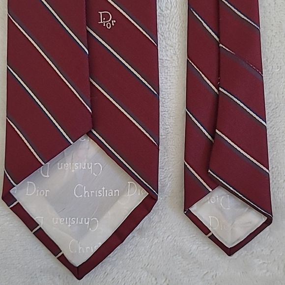 Vintage Christian Dior Men's Necktie Red Navy White Regimental Stripe Short Tie - Picture 8 of 16